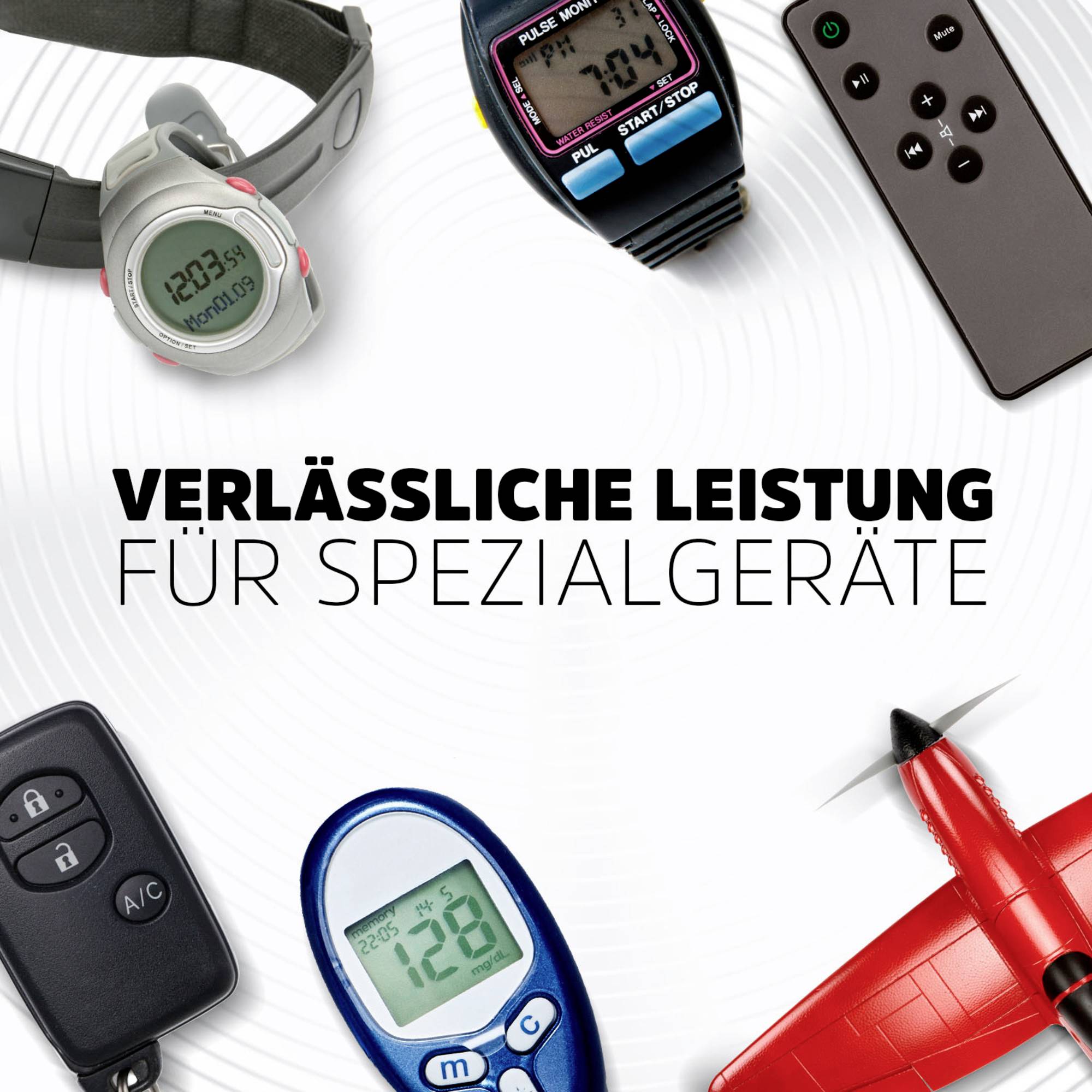 Verschiedene Spezialgeräte wie Stoppuhren und Blutzuckermessgeräte sind diagonal über das Bild angeordnet. Text: 'Verlässliche Leistung für Spezialgeräte'.