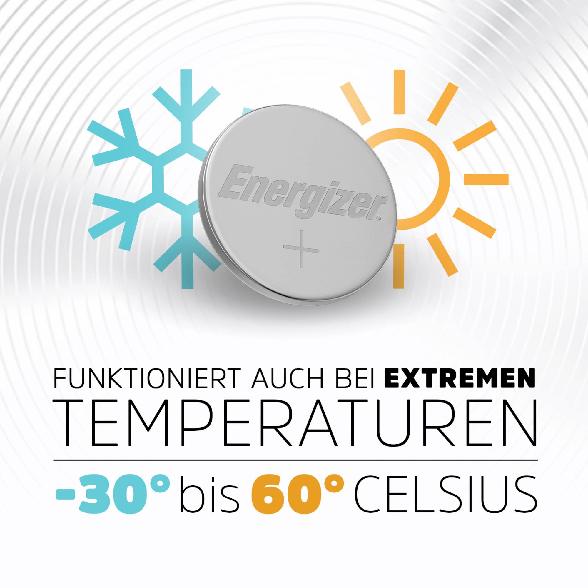 Eine Batteriezelle liegt zwischen einem Schneeflocken- und einem Sonnensymbol. Text: 'Funktioniert auch bei extremen Temperaturen -30 bis 60 Grad Celsius'.