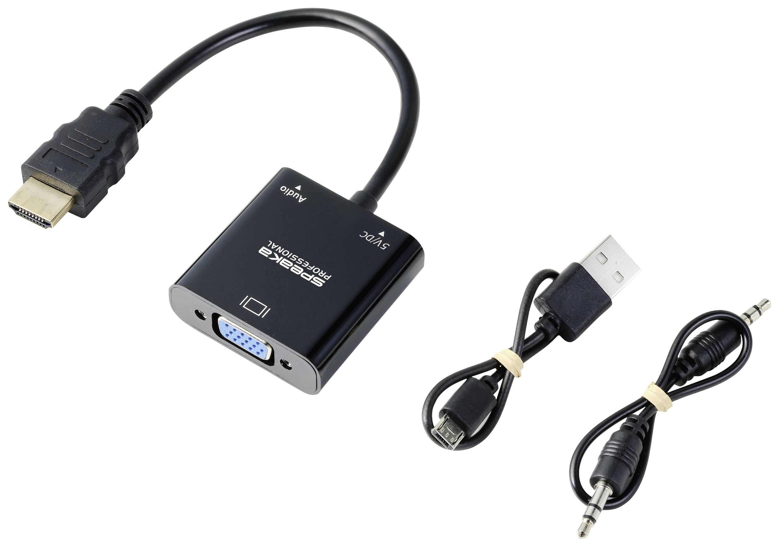 Ein HDMI-zu-VGA-Adapter mit drei Anschlüssen: HDMI, VGA und Audio. Zwei beigelegte Kabel: ein USB-Kabel und ein Audiokabel.