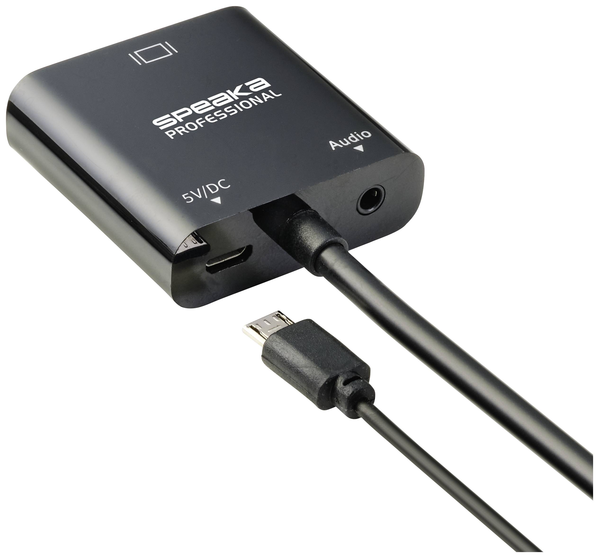 Ein schwarzer Adapter mit den Aufschriften 'SPEAKA PROFESSIONAL', '5V/DC', und 'Audio', mit angeschlossenem Kabel und USB-Anschluss.