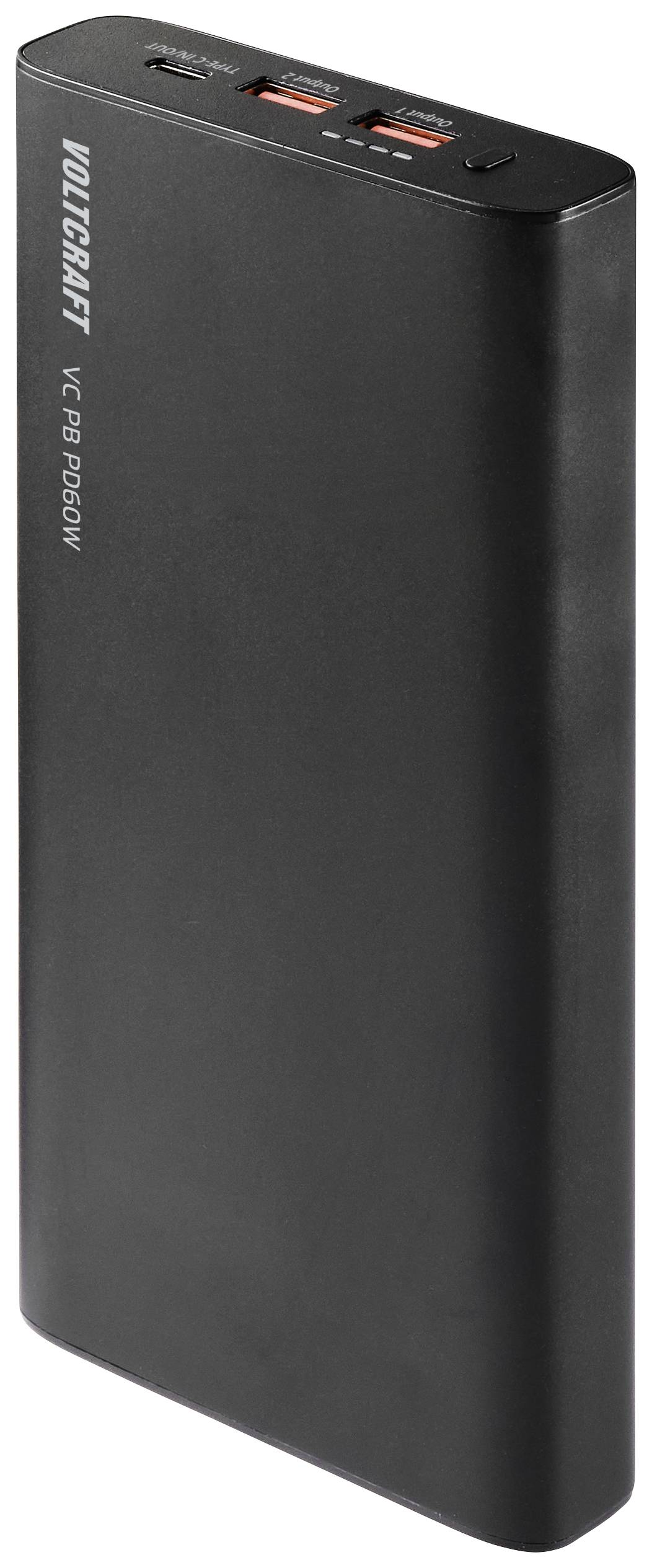 Schwarze Powerbank im schmalen, rechteckigen Design mit zwei USB-Ausgängen und einer LED-Anzeige oben.