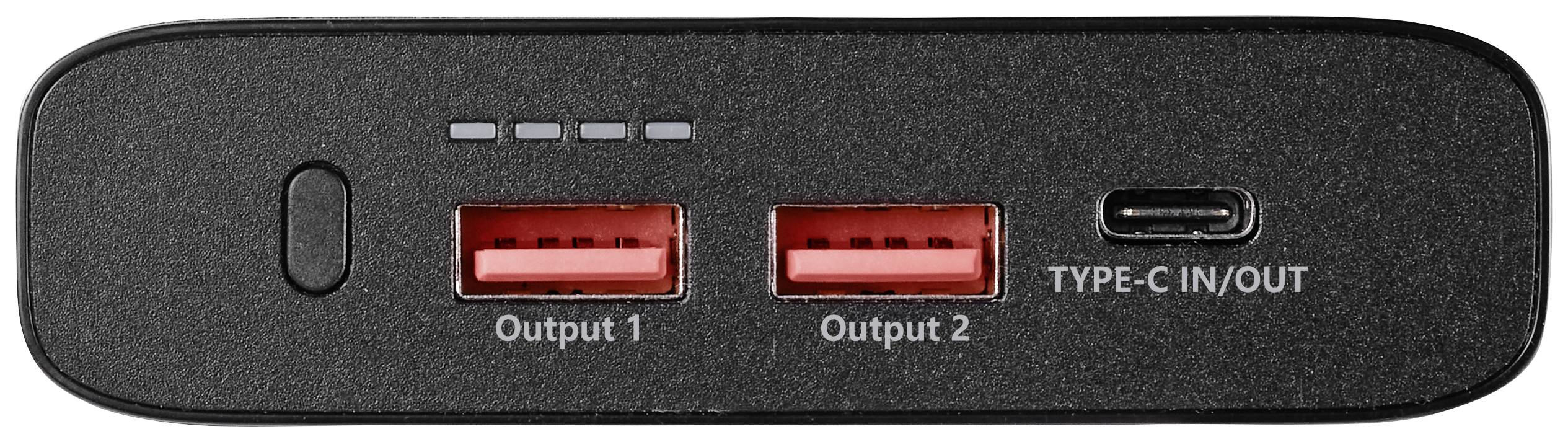 Schwarzes Ladegerät mit zwei USB-Ausgängen und einem USB-C-Anschluss, gekennzeichnet als 'Output 1', 'Output 2' und 'TYPE-C IN/OUT'.