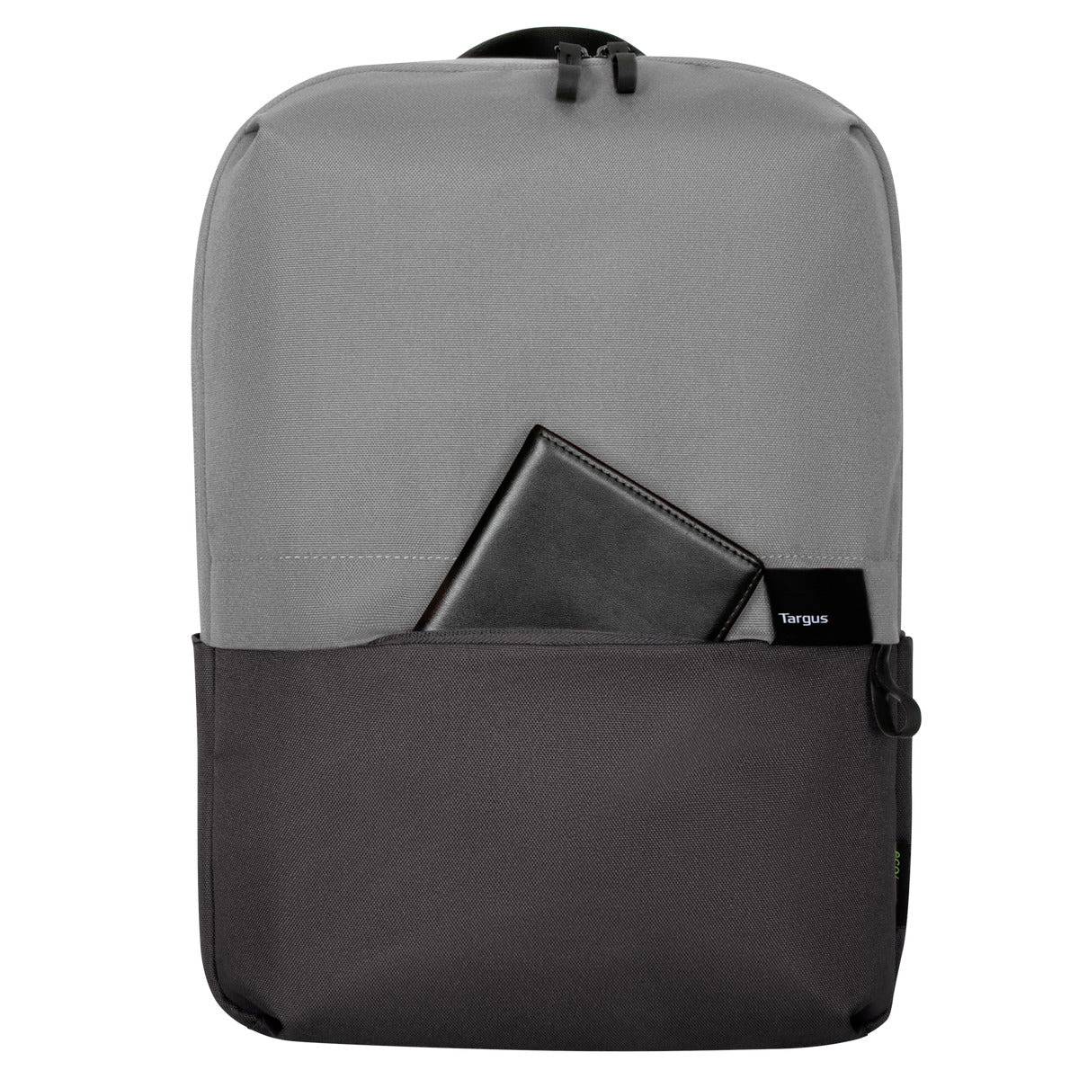 Ein grauer und schwarzer Rucksack mit einem schwarzen Portemonnaie, das aus der Vordertasche herausragt.