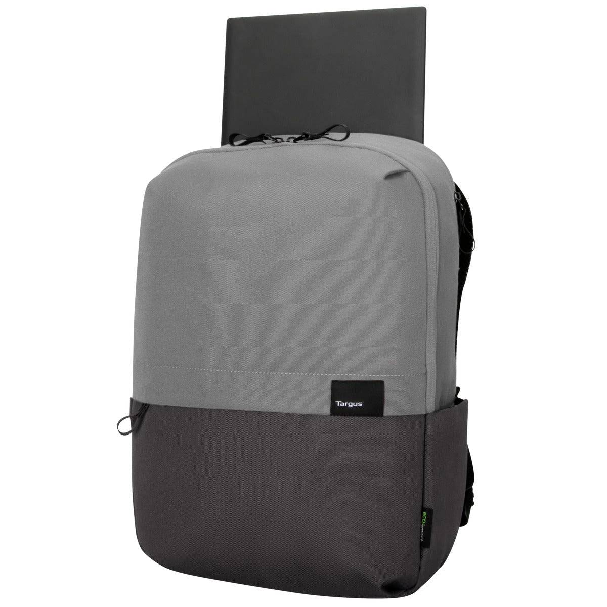Ein grauer und schwarzer Rucksack mit Laptopfach und Laptop darin sichtbar. Ideal für den sicheren Transport eines Laptops.