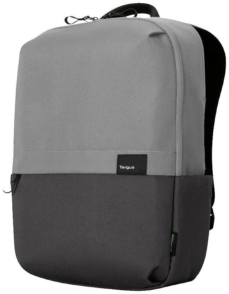 Grauer Rucksack mit schwarzem Boden. Zwei Fächer, Reißverschluss oben. Schlichtes Design, geeignet für Laptop und Bücher.