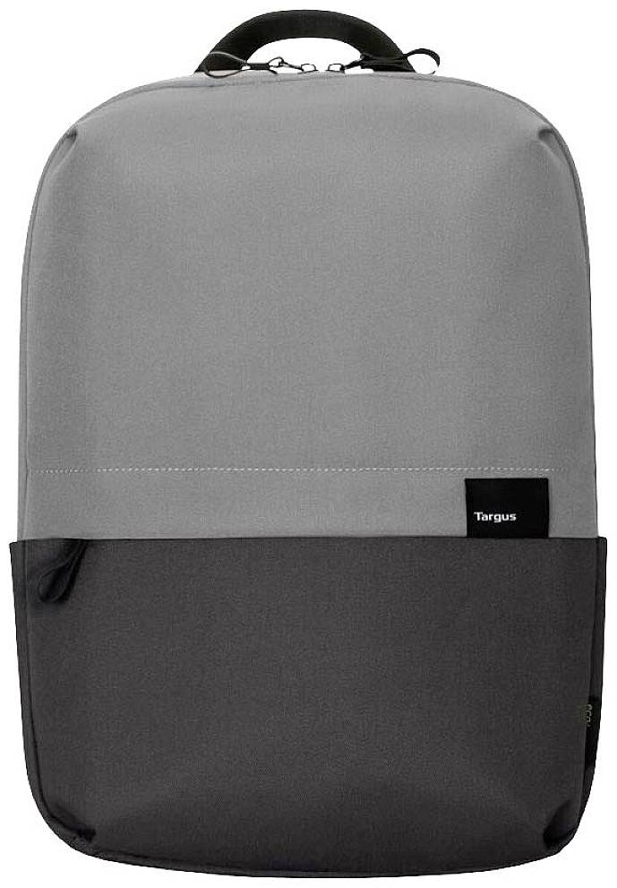 Ein grauer und dunkelgrauer Rucksack mit kleinem schwarzem Targus-Logo auf der Vorderseite und einem Tragegriff oben.