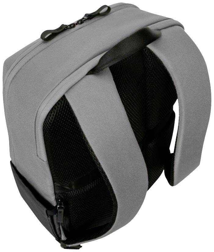 Grauer Rucksack mit schwarzem Netzgewebe und verstellbaren Trägern, Reißverschluss oben.