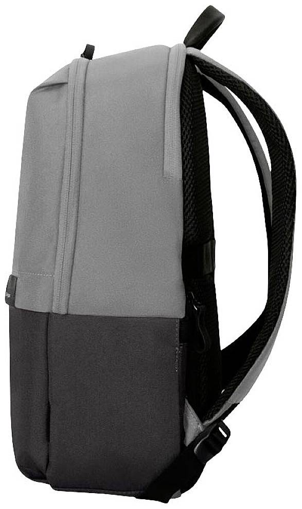 Grauer und schwarzer Rucksack, seitliche Ansicht, zeigt einfache Form und gepolsterte Schultergurte, geeignet für den Alltag.