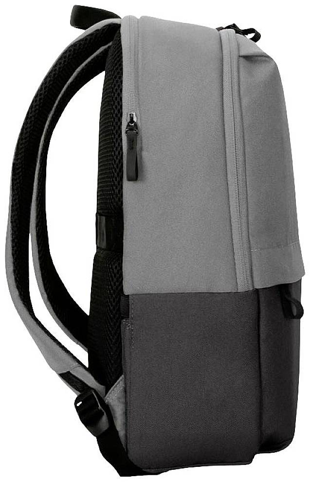 Ein grauer Rucksack mit zwei Fächern und einem Reißverschluss an der Seite, gepolsterte Schultergurte und Mesh-Rückenteil für Komfort.
