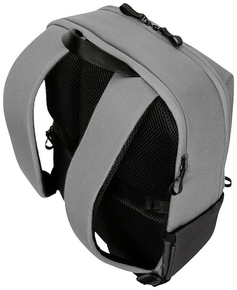Grauer Rucksack mit schwarzen, gepolsterten Trägern und mehreren Reißverschlussfächern, aufrecht stehend.