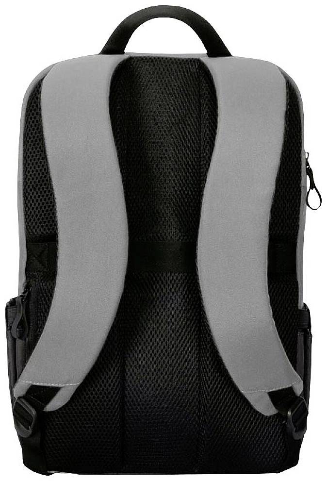 Ein grauer und schwarzer Rucksack von hinten mit zwei gepolsterten Schultergurten und einem Tragegriff oben.