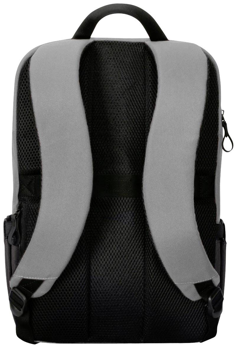 Ein schwarzer Rucksack von hinten mit grauen Schultergurten und gepolstertem Rückenbereich, geeignet für komfortables Tragen.