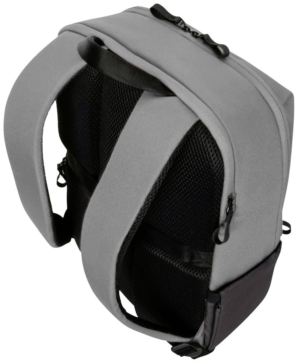 Grau-schwarzer Rucksack mit gepolsterten Schulterriemen und mehreren Reißverschlüssen, geeignet für komfortables Tragen und Aufbewahrung.