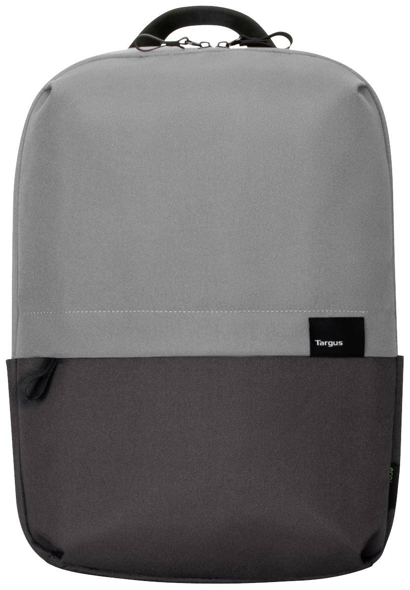 Ein grauer und schwarzer Rucksack mit einem kleinen Logo auf der Vorderseite. Er hat oben einen Griff und wirkt schlicht und funktional.