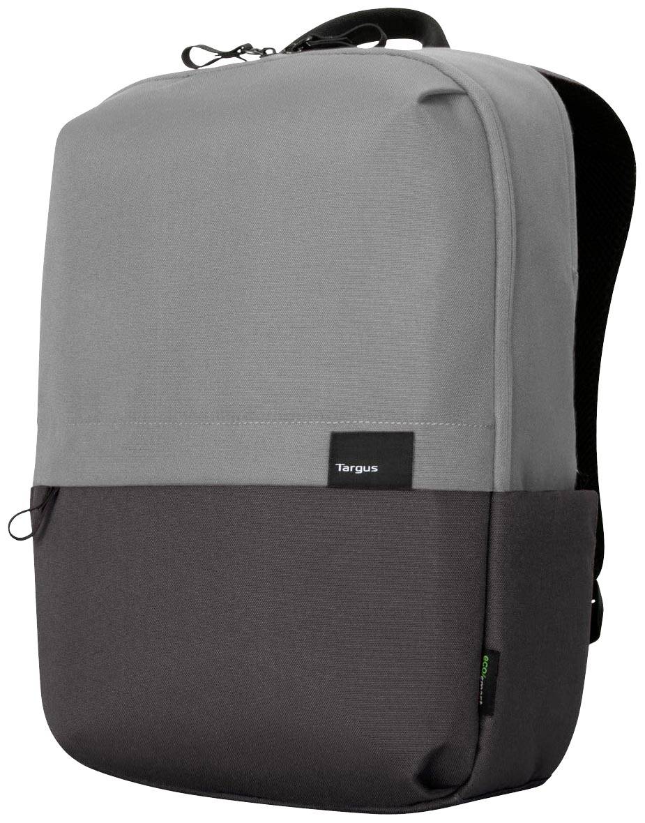 Ein grauer und schwarzer Rucksack mit einem kleinen Logo auf der Vorderseite.