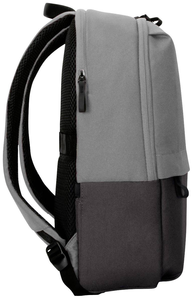 Ein grauer Rucksack mit schwarzen Trägern, aus seitlicher Ansicht. Design ist modern und minimalistisch.