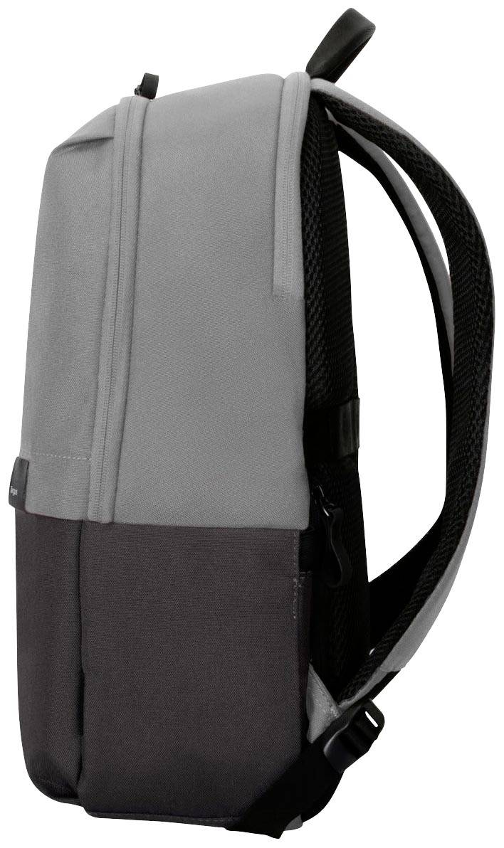 Ein grauer und schwarzer Rucksack von der Seite. Er hat zwei gepolsterte Schulterriemen und einen oberen Tragegriff.