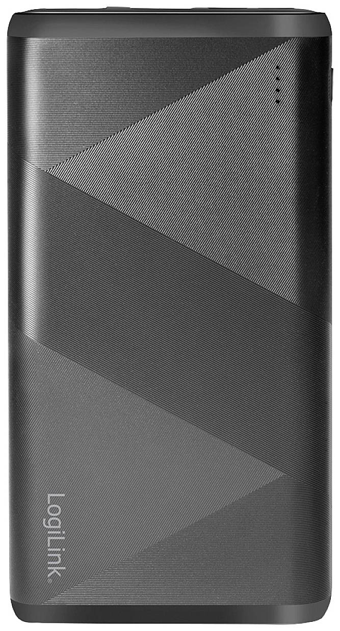 Schwarze Powerbank von LogiLink mit modernem geometrischem Design und vier LED-Anzeigen zur Ladestandsanzeige. Geeignet für mobiles Laden.