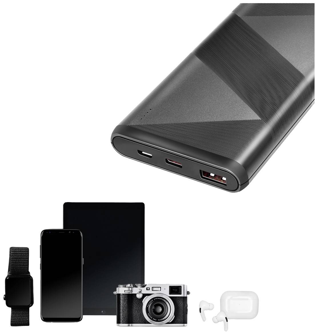 Eine schwarze Powerbank ist im Fokus, darunter sind Geräte wie eine Smartwatch, ein Smartphone, ein Tablet, eine Kamera und Kopfhörer abgebildet.