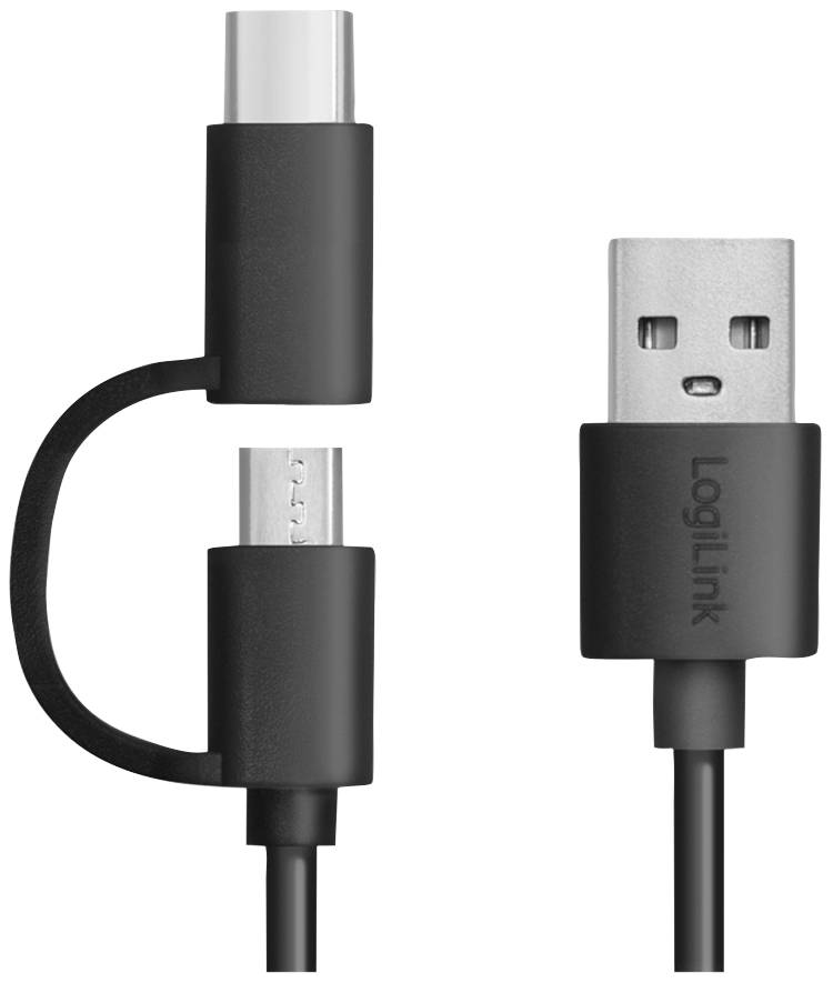 Zwei-in-Eins-Kabel mit USB-Anschluss und abnehmbarem USB-C-/Micro-USB-Adapter. Geeignet für verschiedene Technologiegeräte.