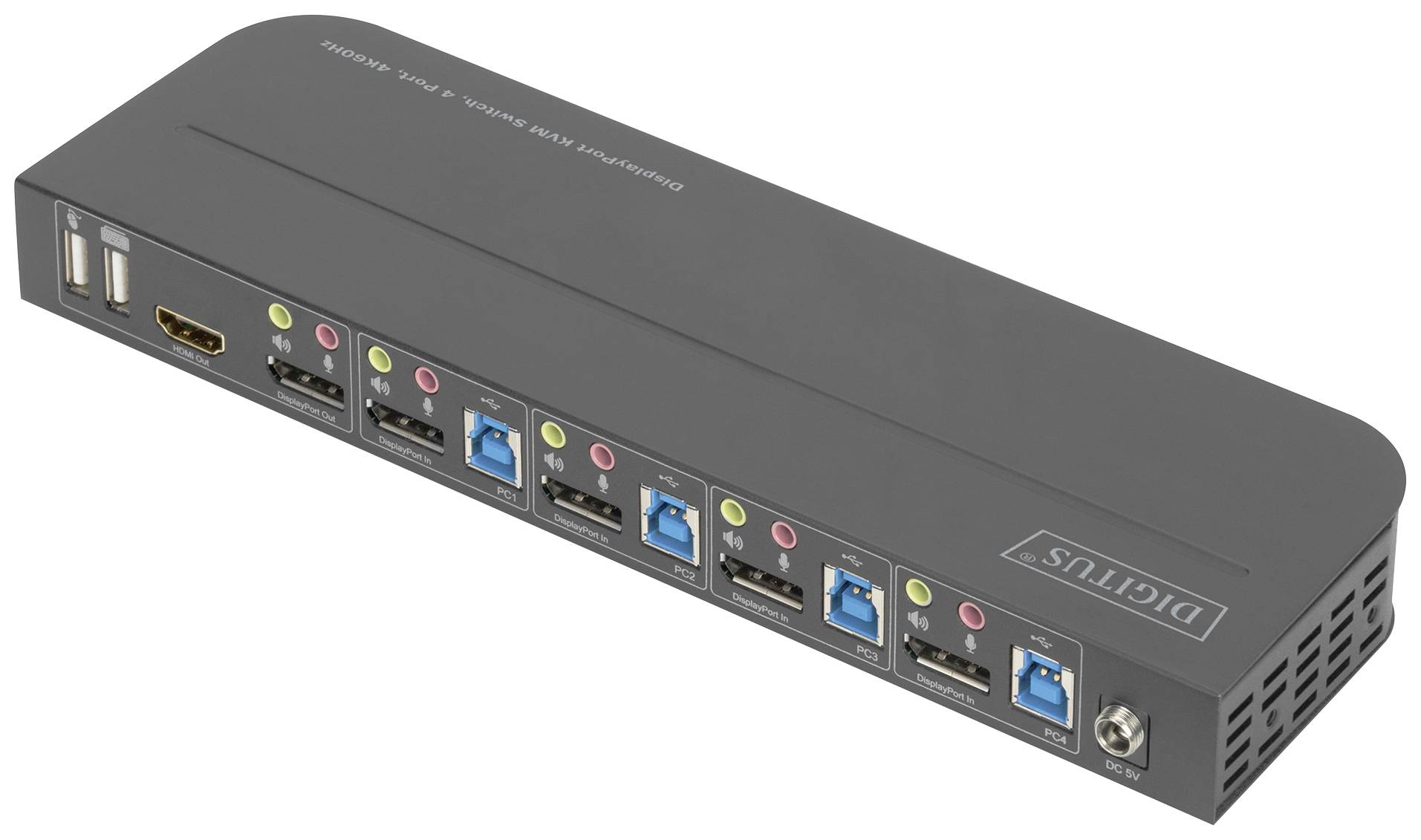 Ein schwarzer USB-Hub mit sieben USB-Anschlüssen in der Front; an der Seite HDMI- und Kopfhöreranschlüsse, darüber 'Digitus'-Logo.