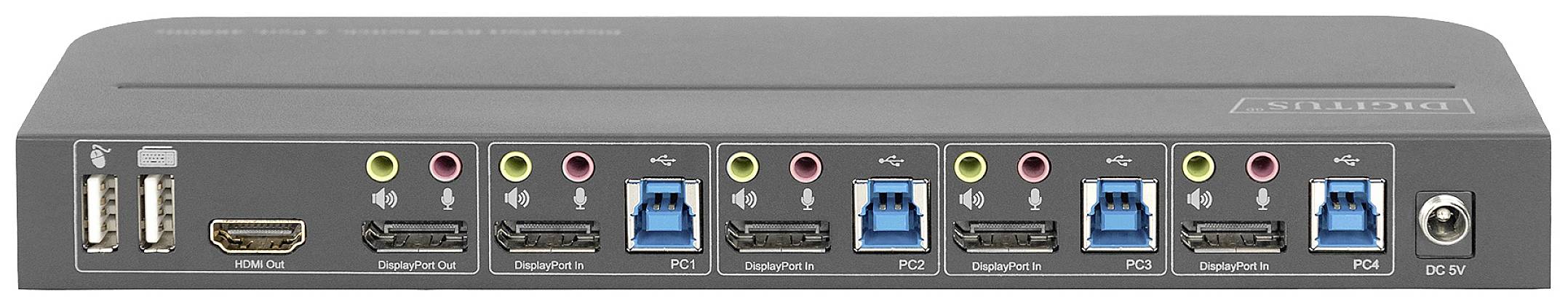 Rückseite eines KVM-Switches mit mehreren USB-, HDMI-, DisplayPort- und Audioanschlüssen, geeignet für Verbindung mehrerer PCs.