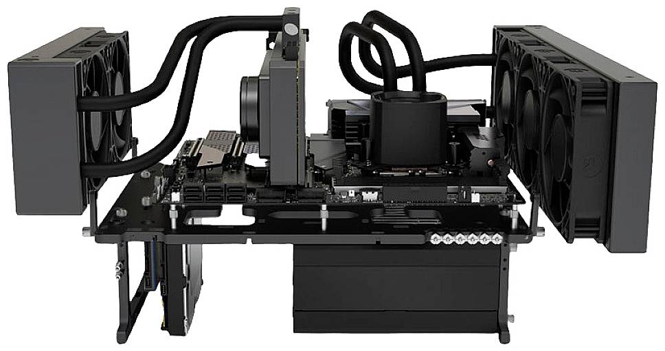 PC-Versammlung mit Flüssigkeitskühlung, Komponenten auf offenem Rahmen montiert. Zwei große Radiatoren links und rechts, Schläuche verbunden.