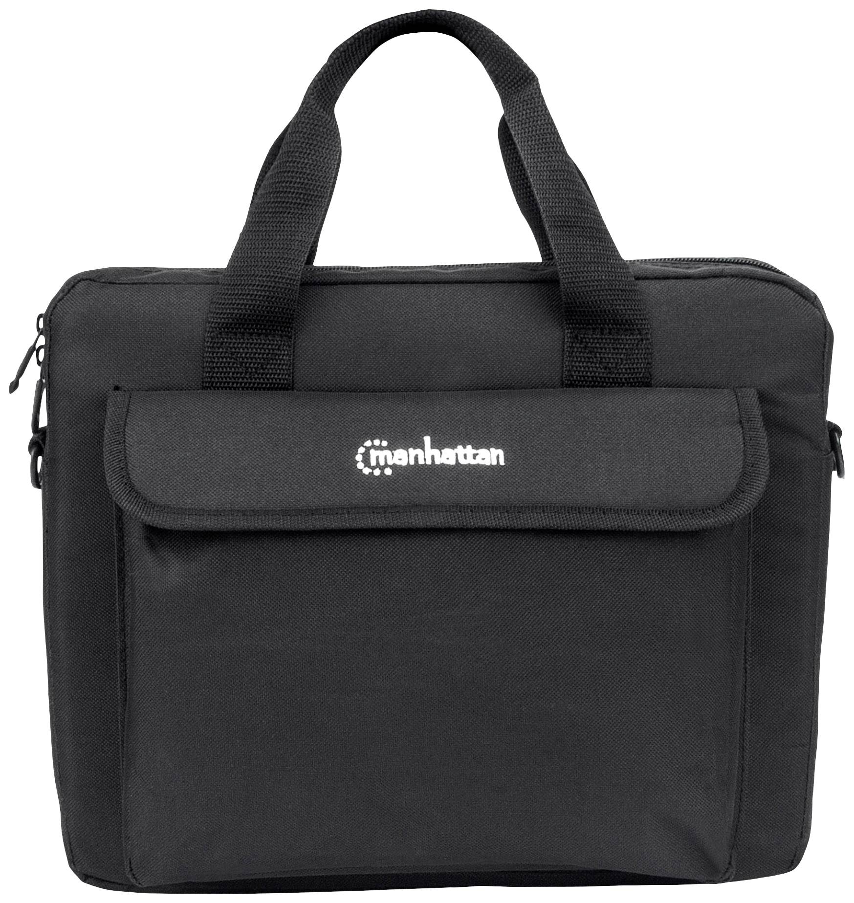Schwarze Laptoptasche mit Griffen und einer Vordertasche, darauf das Logo 'manhattan'.