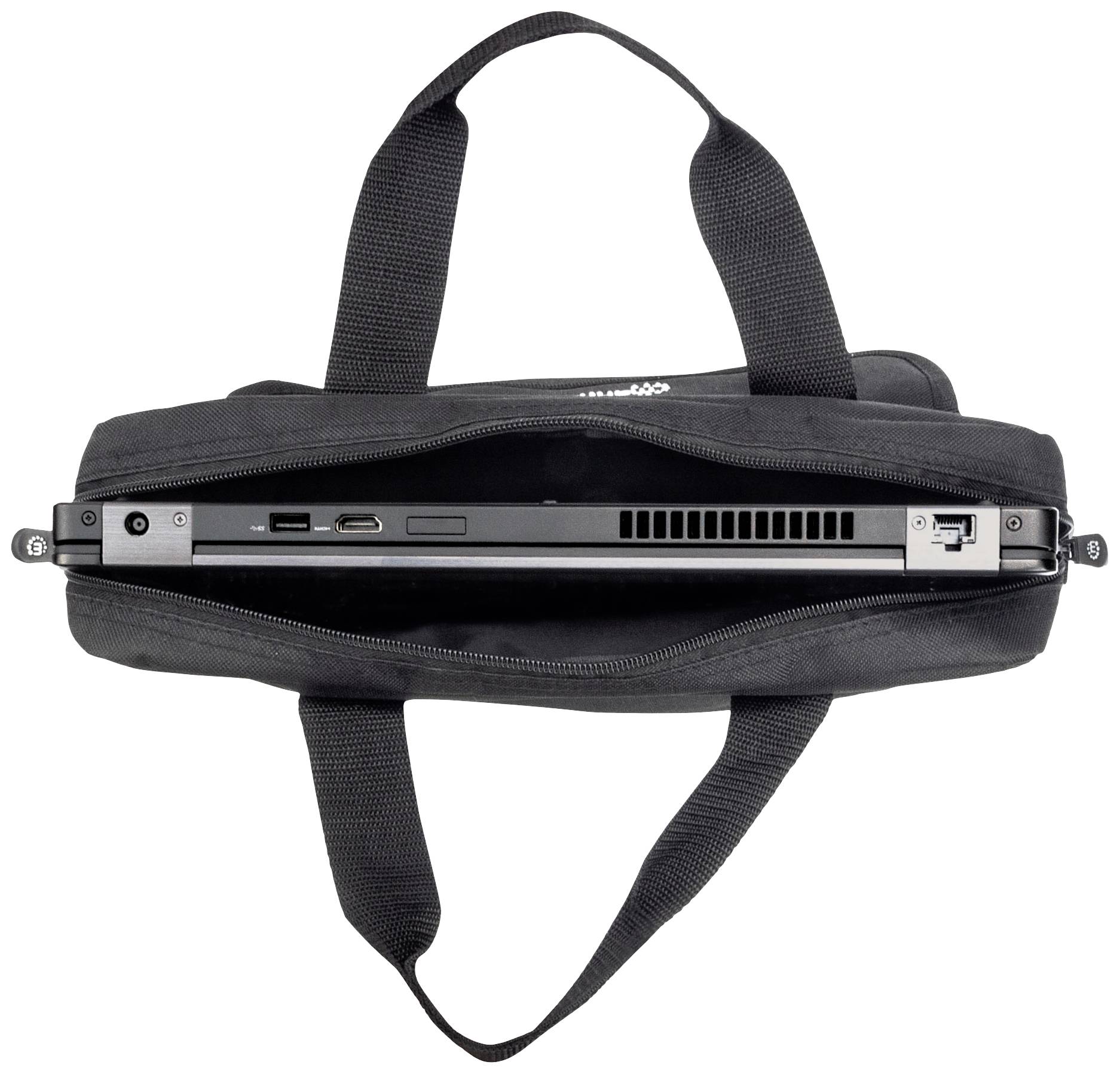 Eine schwarze Laptoptasche aus Stoff, von oben gesehen, zeigt den teilweise sichtbaren Laptop mit verschiedenen Anschlüssen an der Seite.