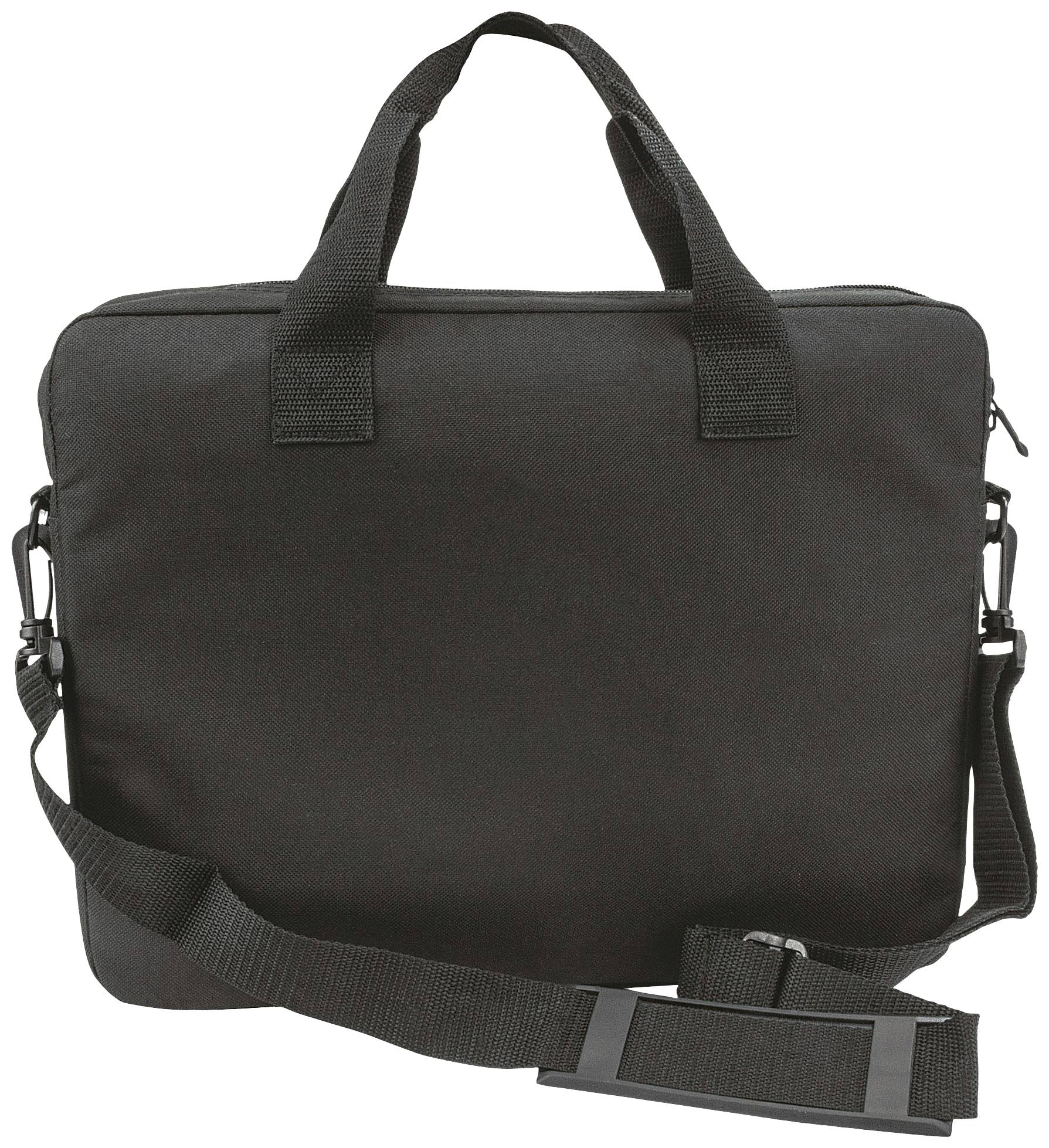 Eine schwarze Laptoptasche mit Tragegriffen und abnehmbarem Schultergurt, geeignet für den Transport von Laptops oder Dokumenten.