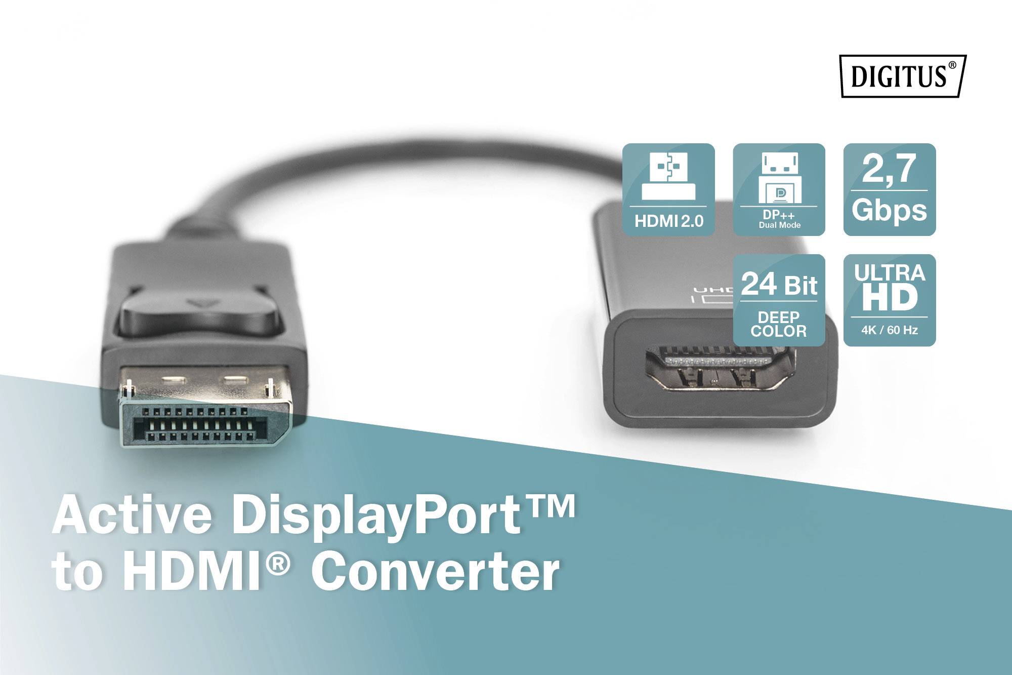 Aktiver DisplayPort-zu-HDMI-Konverter, unterstützt HDMI 2.0, 24 Bit Deep Color, 2,7 Gbps, Ultra HD 4K/60 Hz.