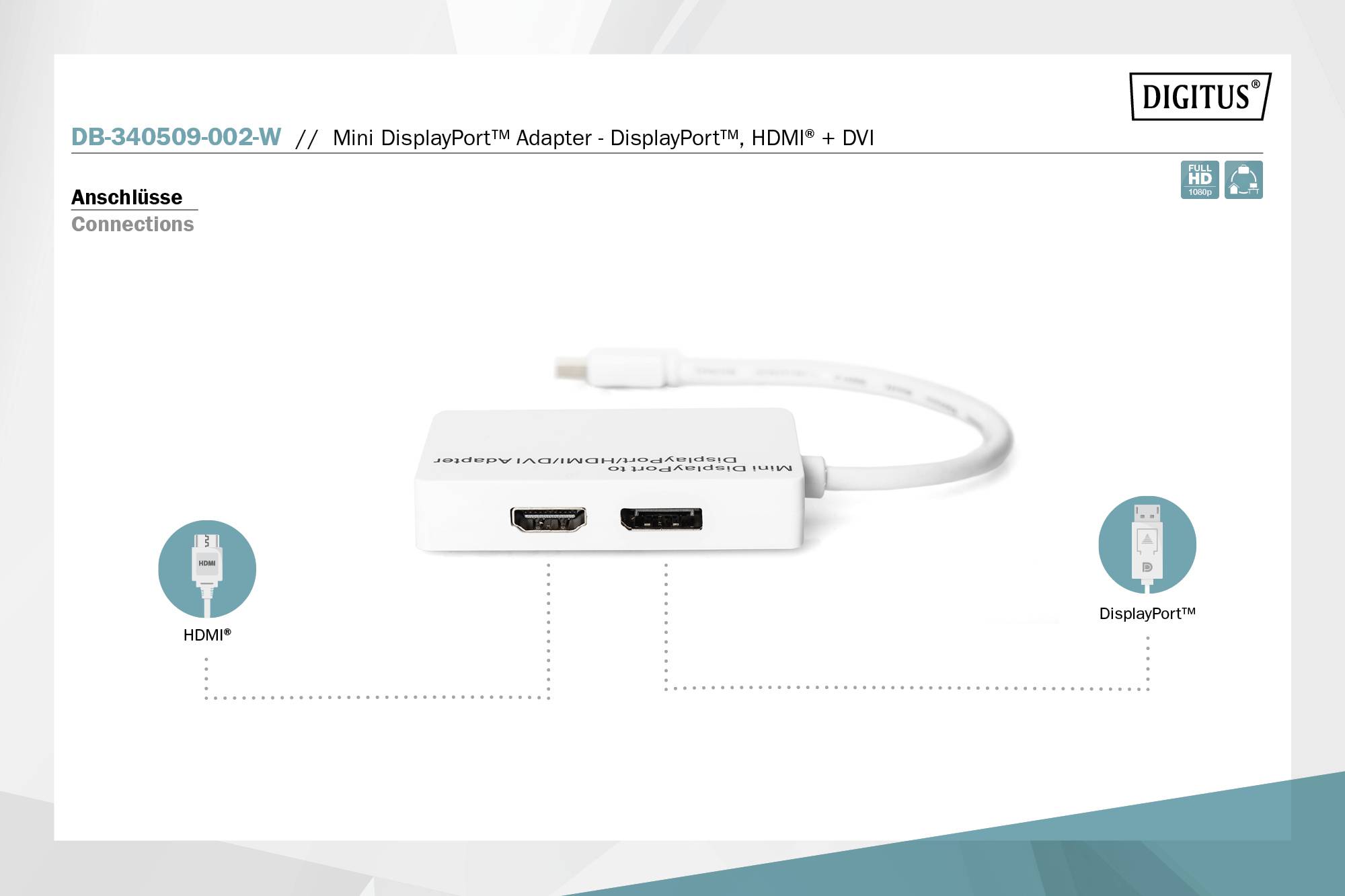 Adapter mit Mini DisplayPort zu HDMI und DVI. Zwei Anschlüsse: HDMI links, DisplayPort rechts. Auf weißem Hintergrund mit Markenlogo oben rechts.