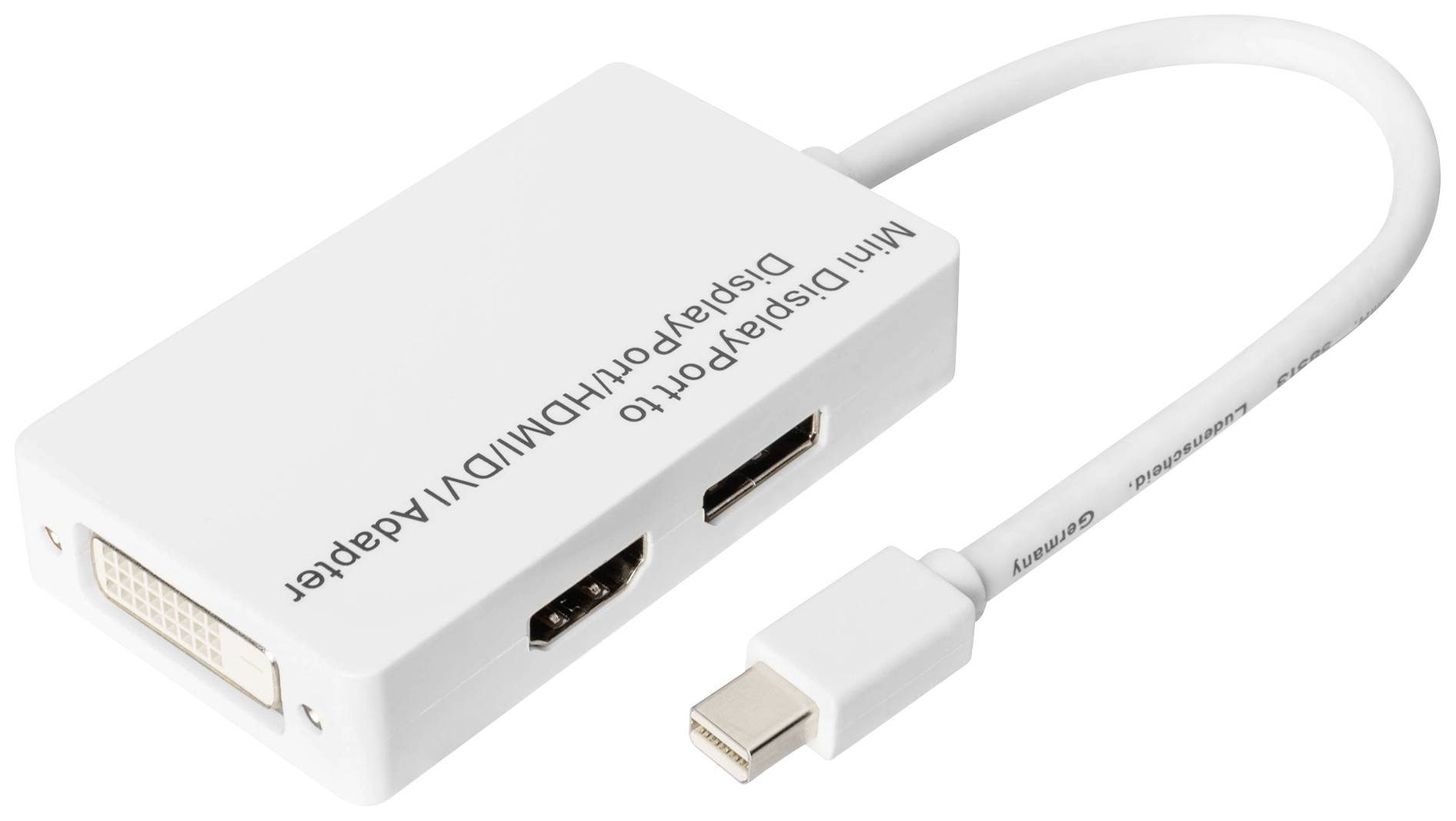Ein weißer Mini DisplayPort-Adapter mit Anschlüssen für HDMI, DVI und DisplayPort. Geeignet zum Verbinden von Geräten mit verschiedenen Schnittstellen.