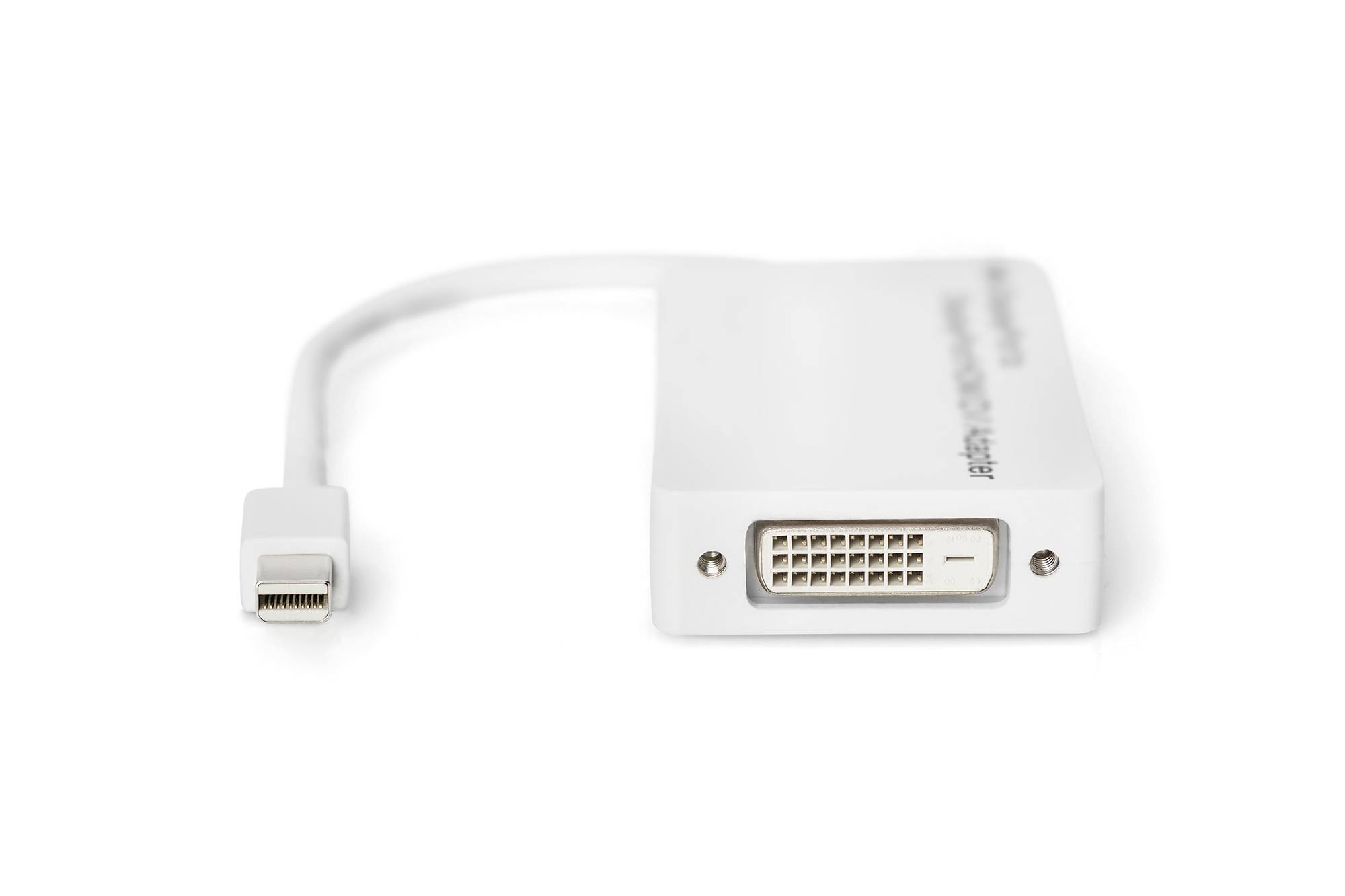 Ein weißer Adapter mit einem Mini DisplayPort-Anschluss auf der einen Seite und einem DVI-D-Anschluss auf der anderen Seite.