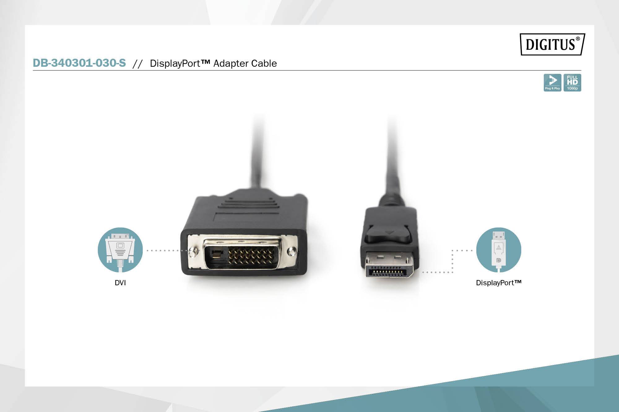 Digitus DVI / DisplayPort Anschlusskabel DisplayPort Stecker 3.00 m Schwarz DB-340301-030-S doppelt geschirmt, Geschirmt DisplayPort-Kabel