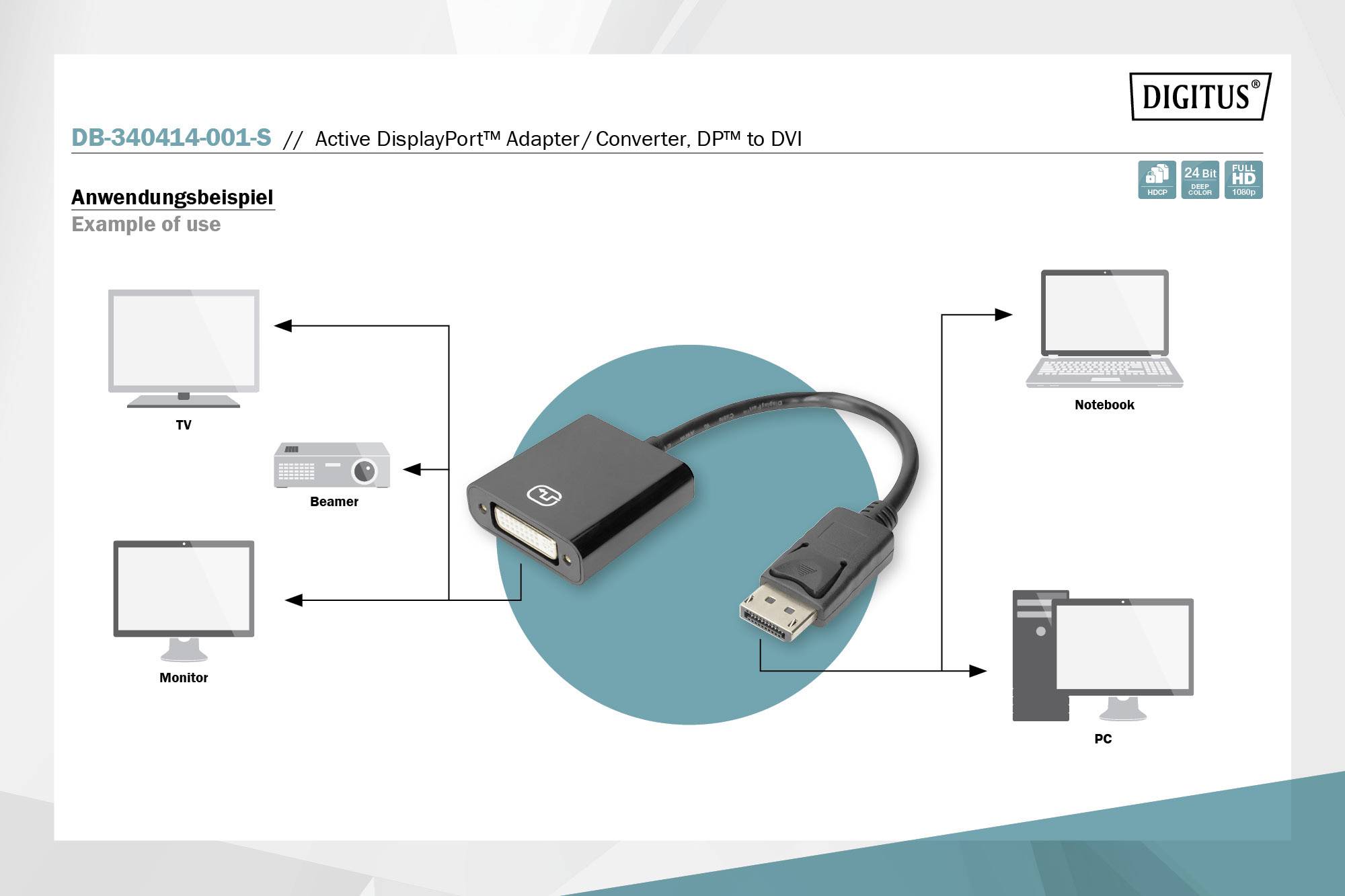 Digitus DisplayPort / DVI Anschlusskabel DisplayPort Stecker, DVI-I 24+5pol. Buchse 0.15 m Schwarz DB-340414-001-S doppelt geschirmt, Geschirmt