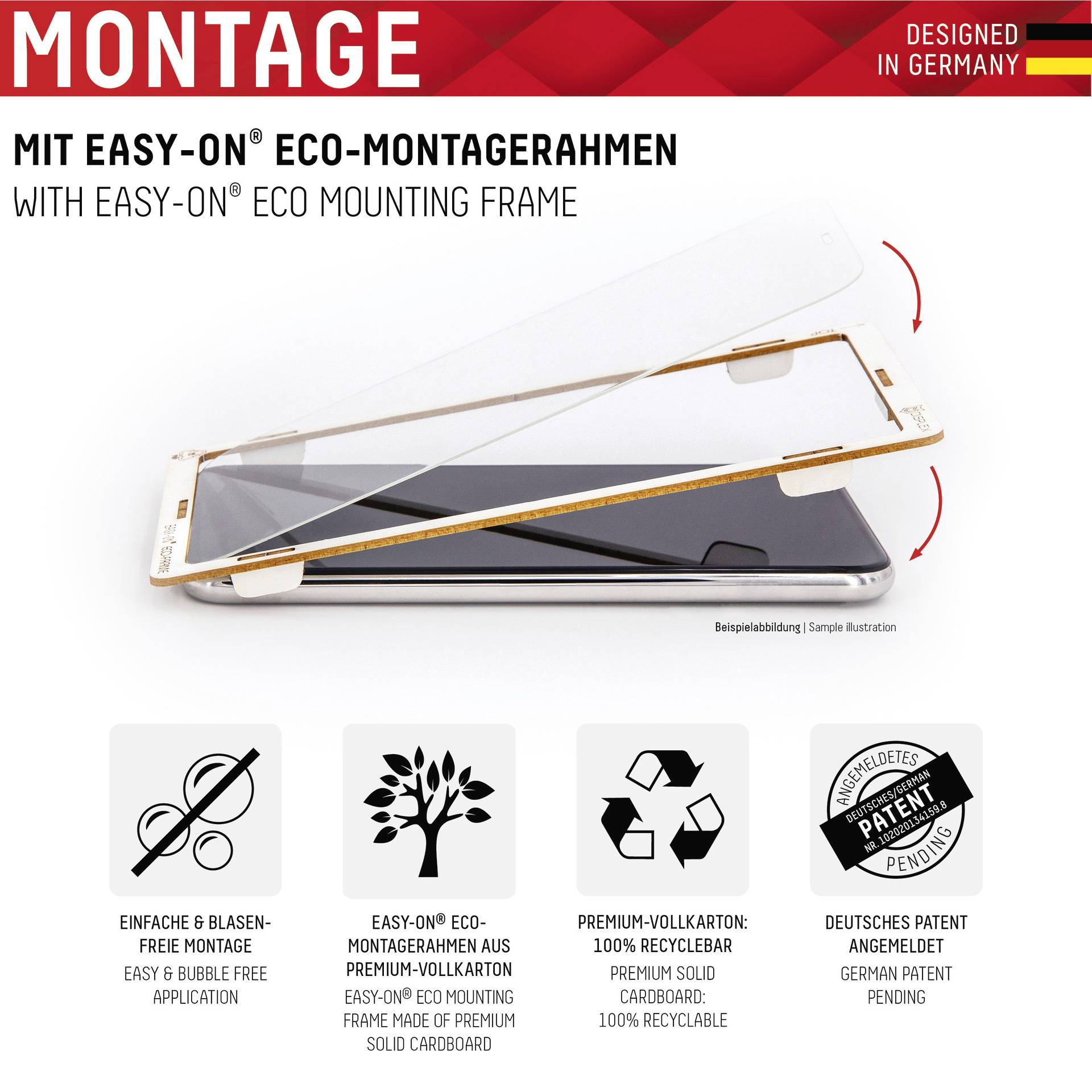 Montage mit Easy-On® Eco-Montagerahmen: Einfach, blasenfrei, Vollkarton aus Papier und deutsches Patent.