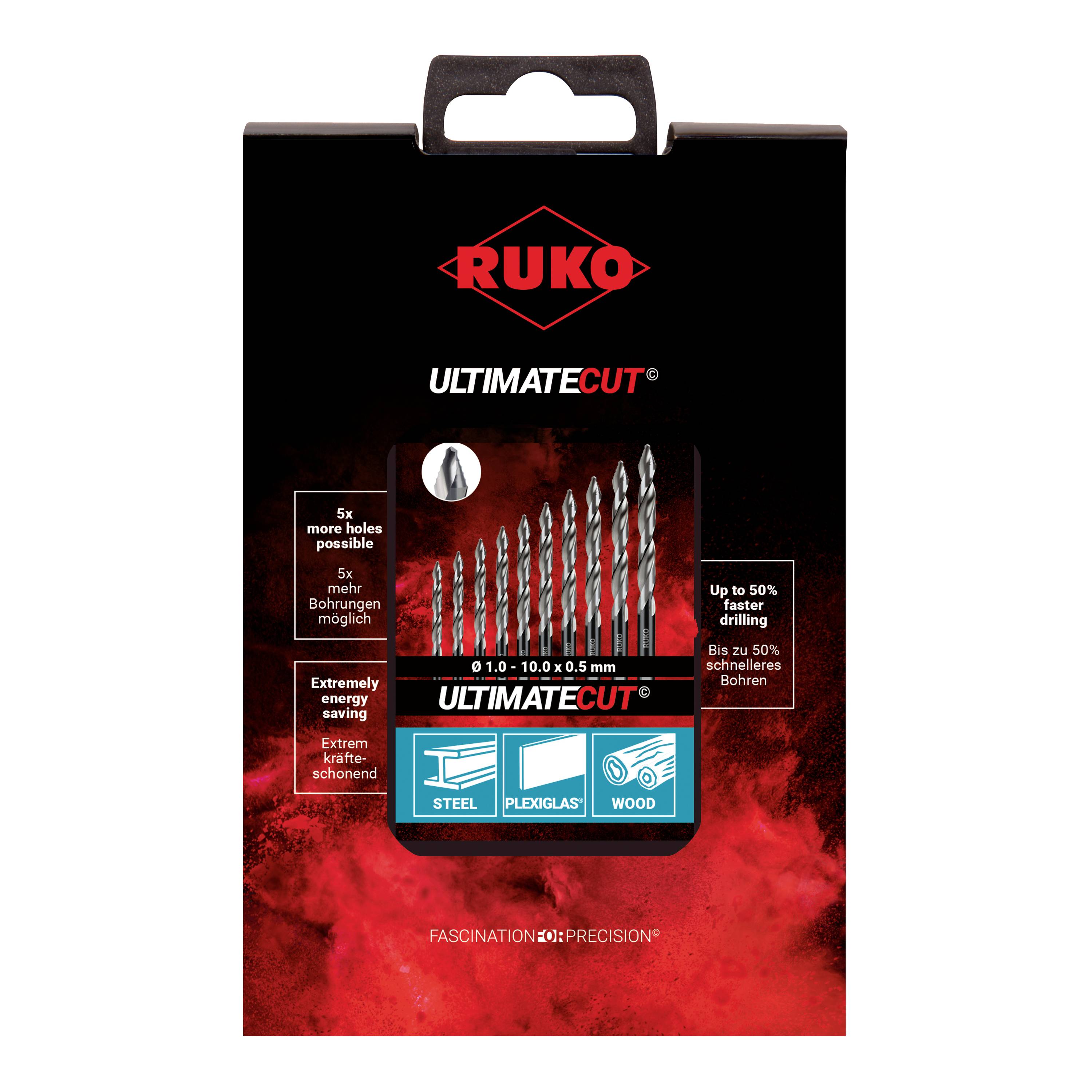 Ein Set von acht silbernen Bohrern, geeignet für Stahl, Plexiglas und Holz, mit der Aufschrift 'Ruko UltimateCut'.