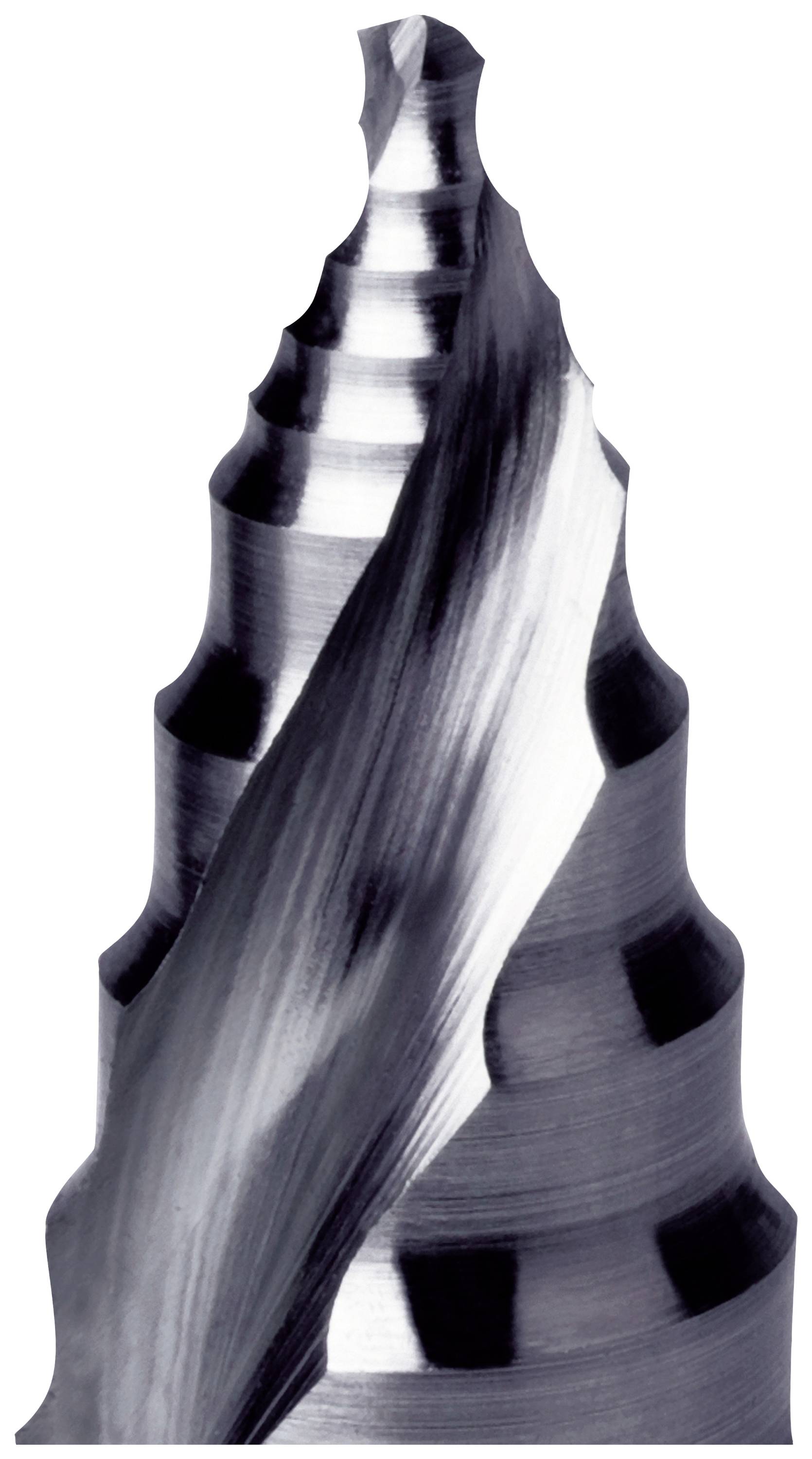 Eine spiralförmige, schwarz-weiße Struktur mit glänzender Oberfläche, die an eine Muschel oder ein gedrehtes Metallstück erinnert.