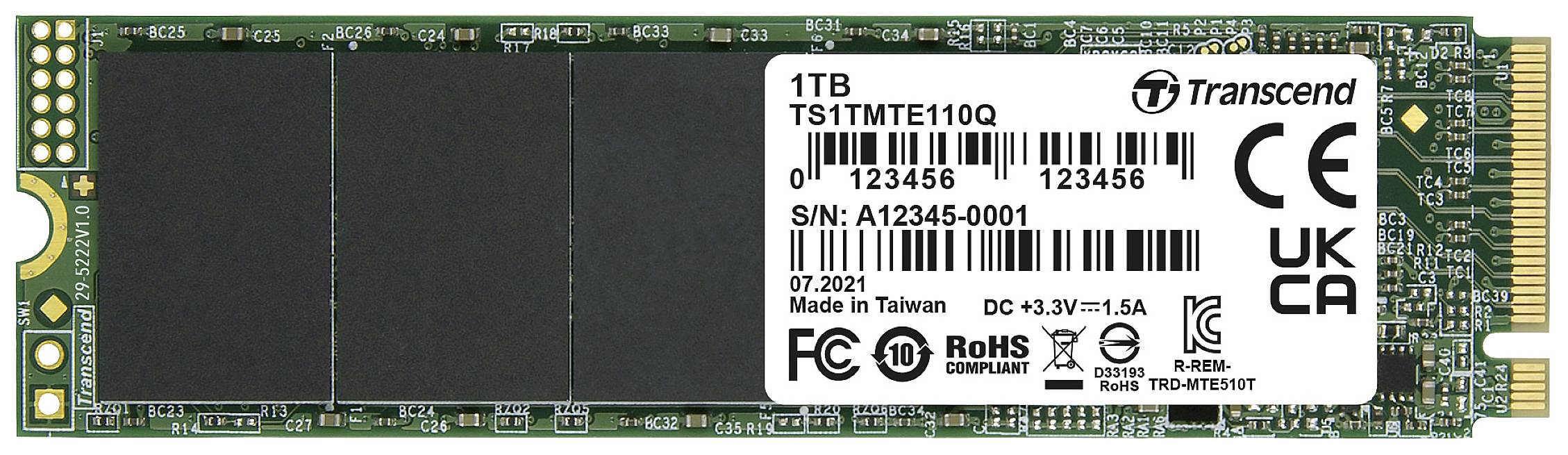 M.2-SSD von Transcend mit 1 TB Kapazität, Modellnummer TS1TMTE110Q. Enthält Zertifizierungslogos und Seriennummer auf dem Etikett.