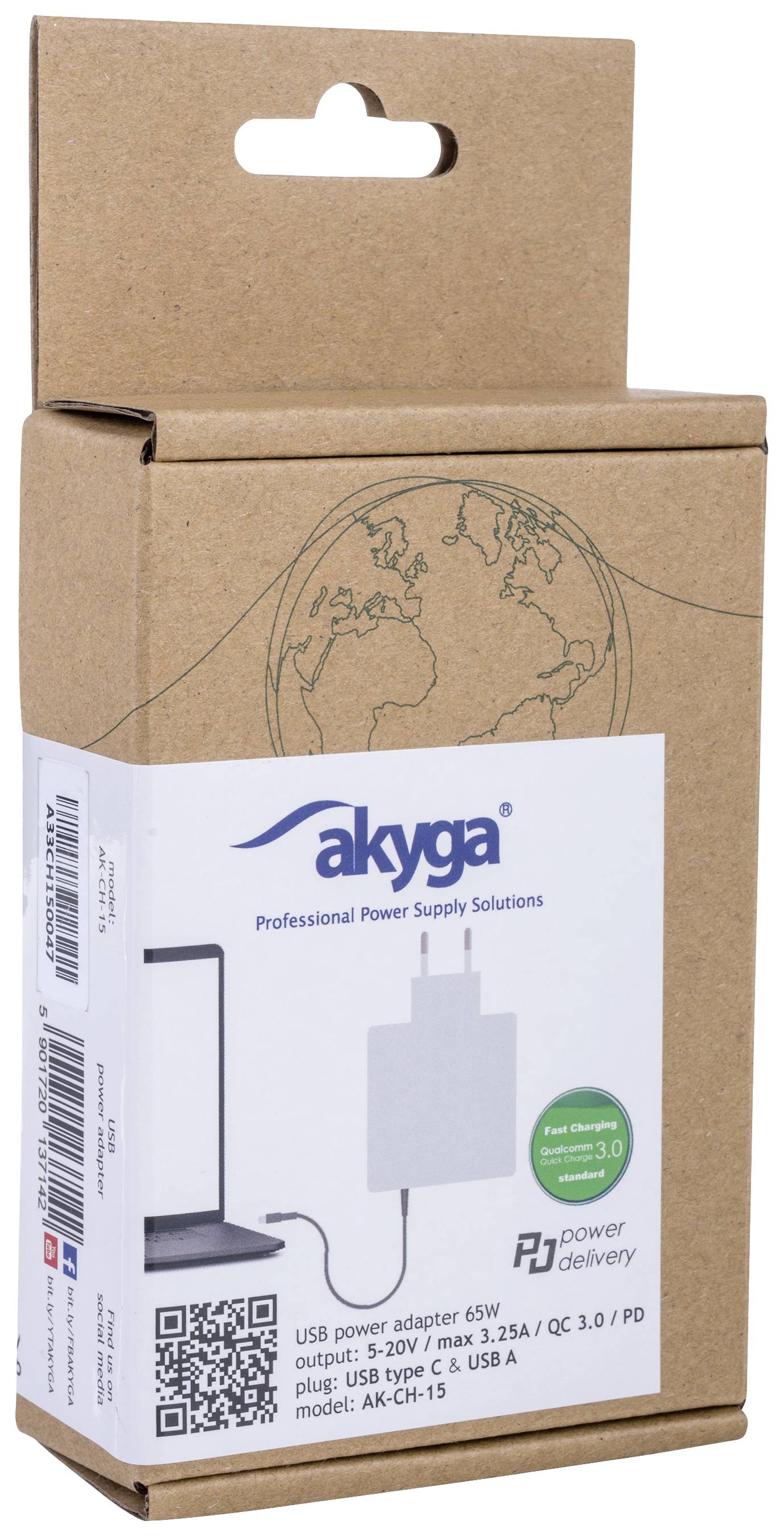 Akyga AK-CH-15 USB Ladegerät 65W 1x USB-A, 1x USB-C® USB PD Weiß