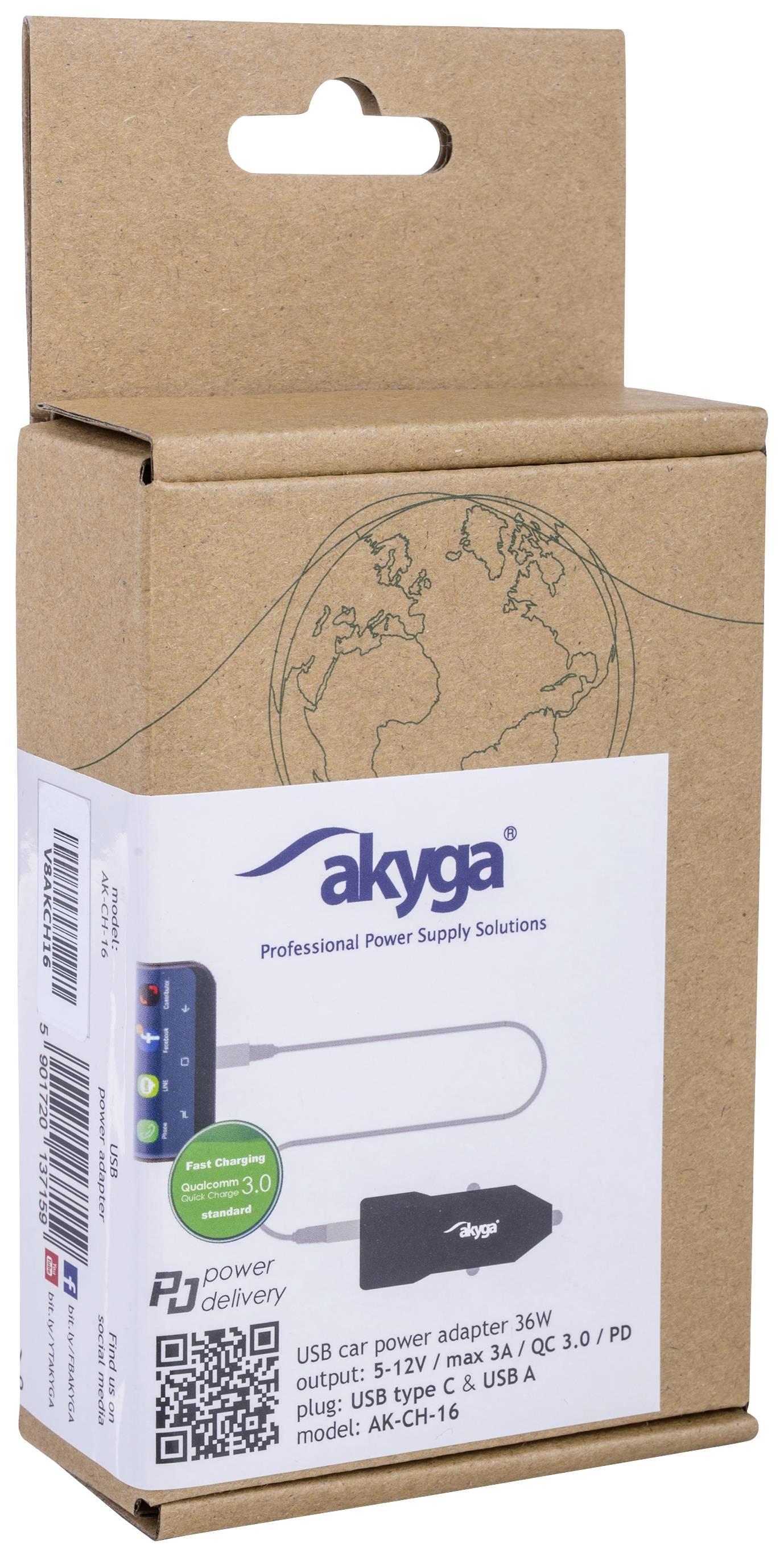 Akyga AK-CH-16 USB Ladegerät 36W 1x USB-C®, 1x USB-A QC 3.0, USB PD 3.0, PPS Schwarz KFZ, LKW Schnellladegerät