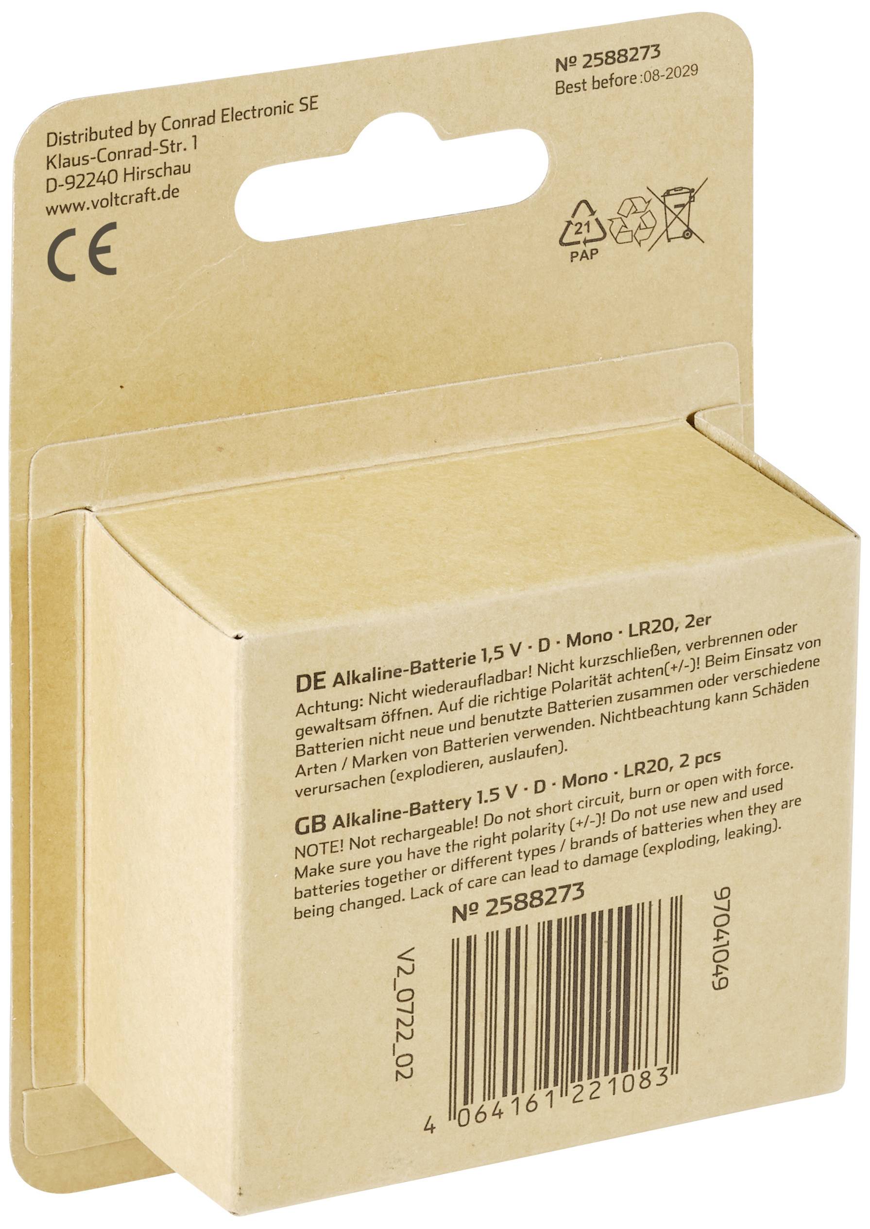 VOLTCRAFT LR20 Mono (D)-Batterie Alkali-Mangan 18000 mAh 1.5V 2St.