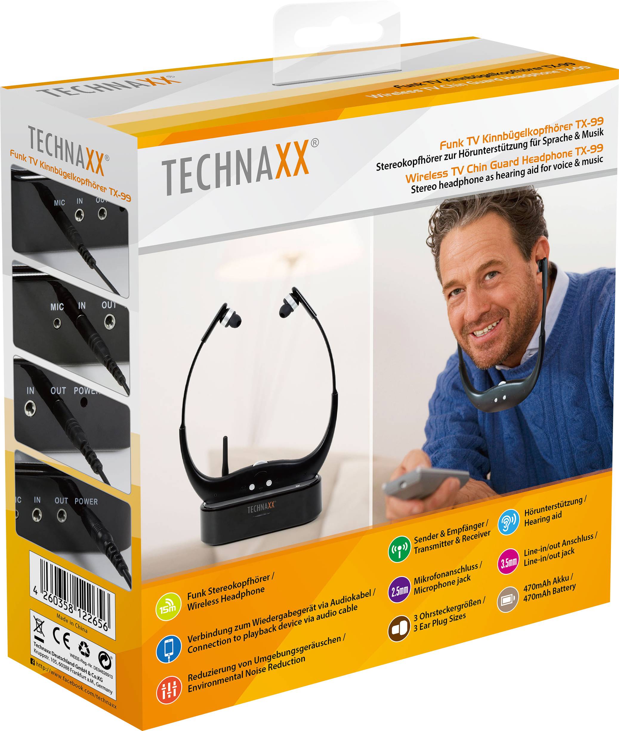Technaxx TX-99 In Ear Headset Funk Schwarz Headset, Ladecase, Leichtbügel, Lautstärkeregelung, Fernbedienung TV