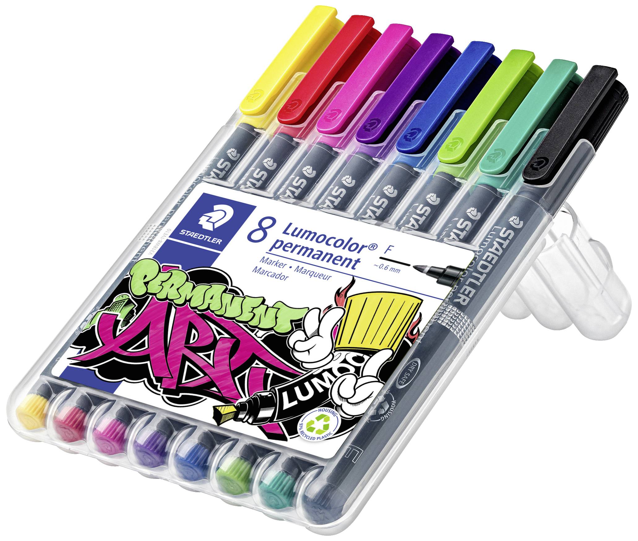 8 bunte Permanentmarker in einem transparenten Etui mit der Aufschrift 'Permanent Art'.
