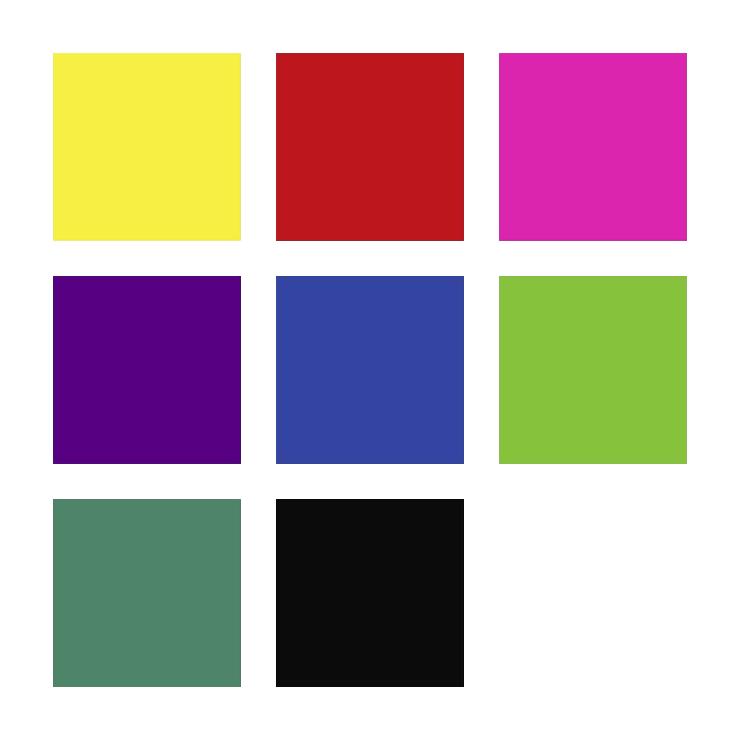 Neun verschiedenfarbige Quadrate: gelb, rot, pink, lila, blau, grün, dunkelgrün, schwarz. Anordnung in einem 3x3 Raster.