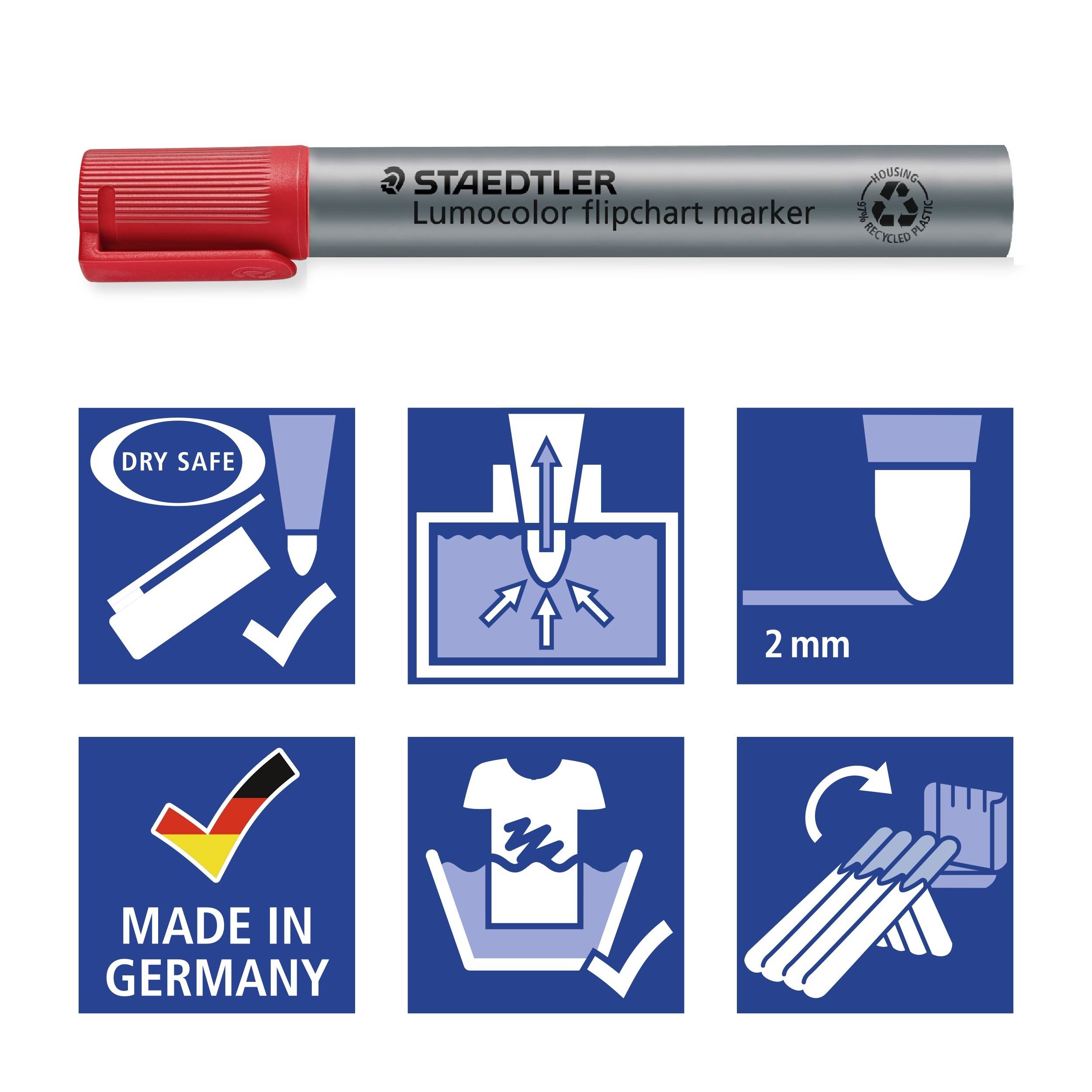 Ein silberner Flipchart-Marker von Staedtler mit roter Kappe, präsentiert mit Symbolen: erhöhter Tintenschutz, 2 mm Spitze, hergestellt in Deutschland, geeignet für zahlreiche Oberflächen.