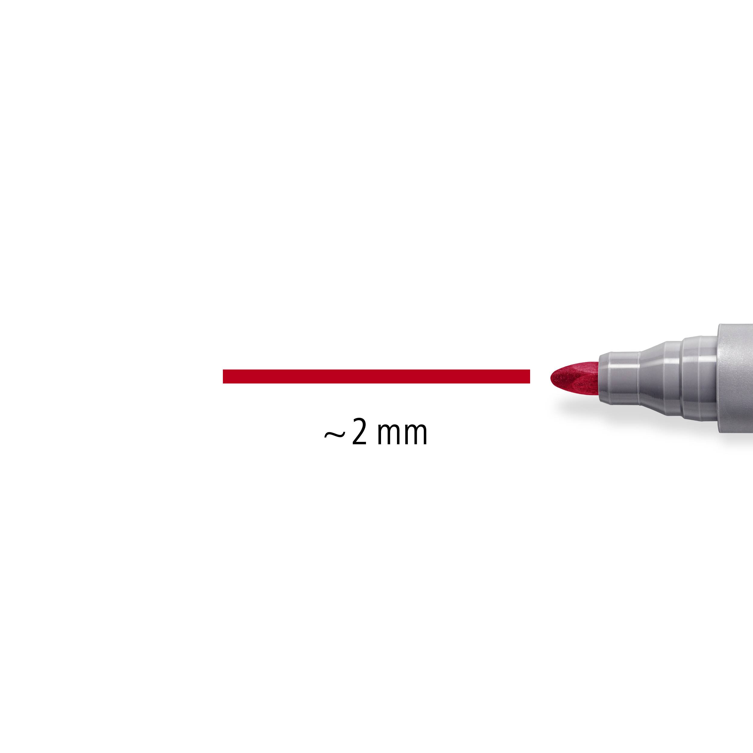 Ein roter Linienmarker mit einer Strichbreite von etwa 2 mm zeichnet eine gerade Linie auf einer weißen Oberfläche.