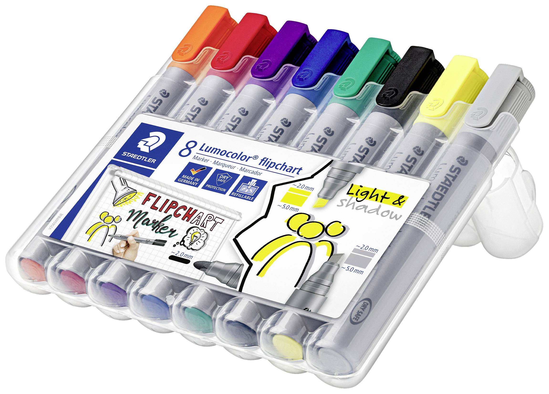 Set von 8 Flipchart-Markern in verschiedenen Farben, in einer transparenten Kunststoffbox, geeignet für Whiteboard- und Papierbeschriftungen.