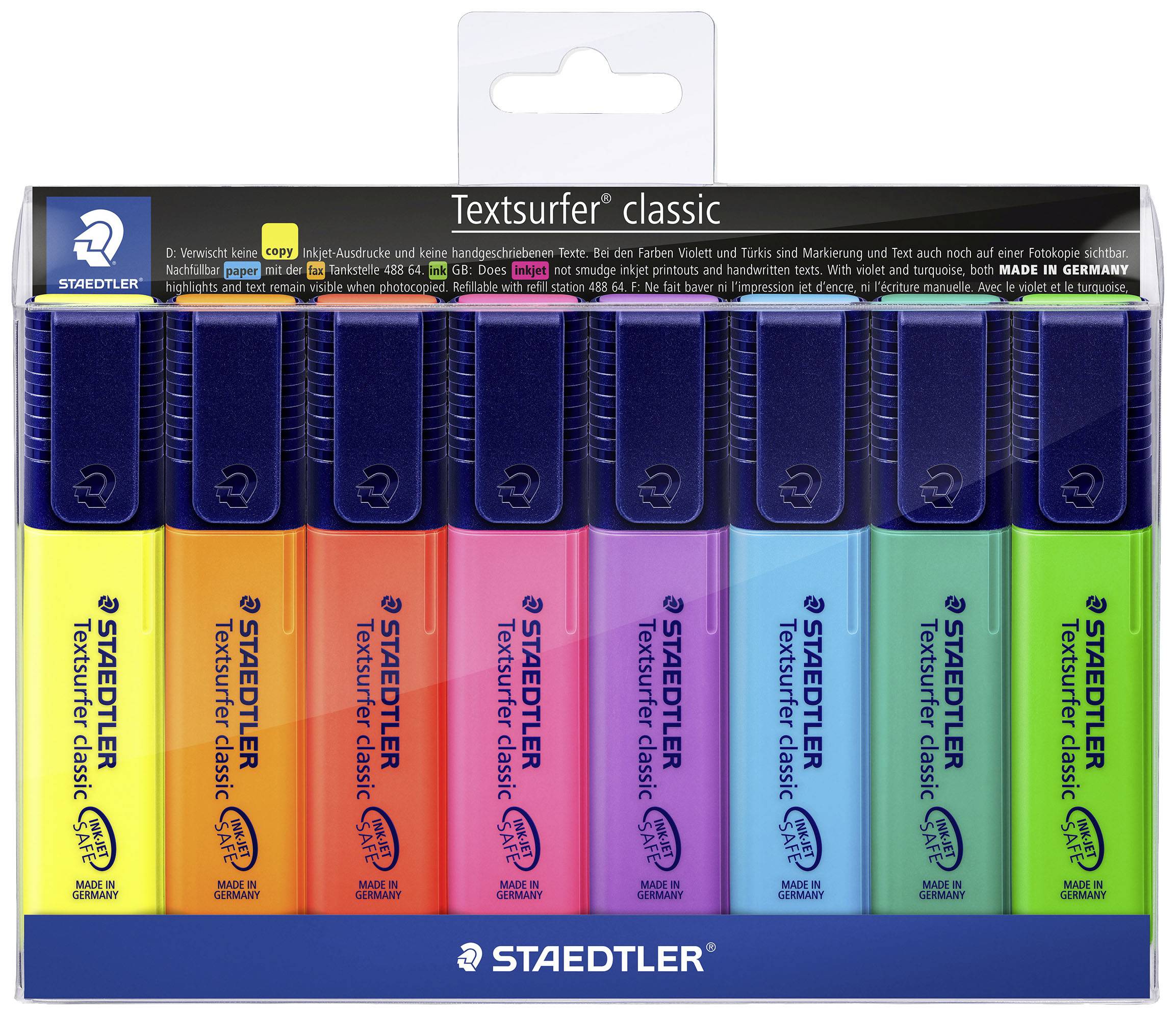 Eine Packung mit zehn verschiedenfarbigen Textmarker-Stiften der Marke Staedtler, genannt 'Textsurfer classic'.